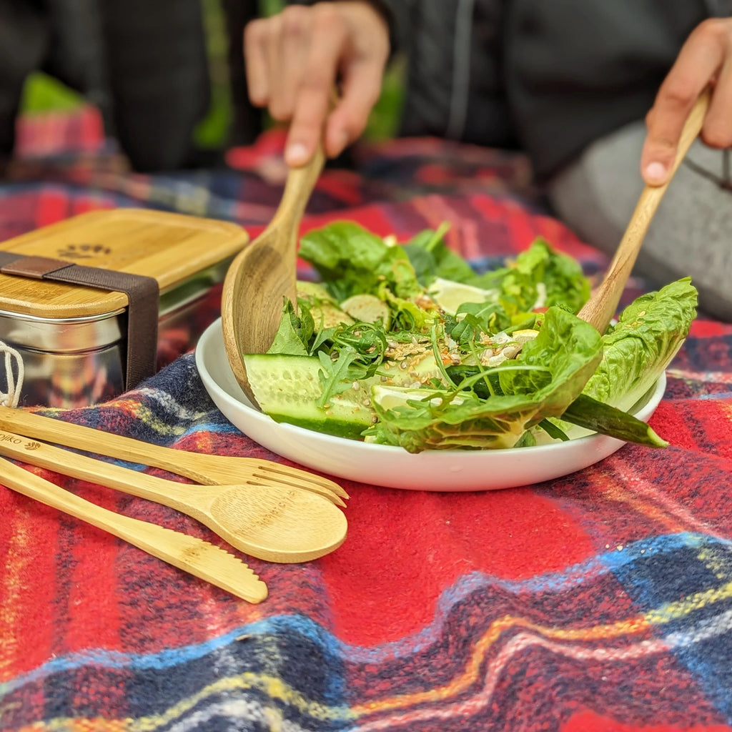 Wooden Summer Salad Servers | Sustainable Acacia Natural Food Servers with Hang Tie