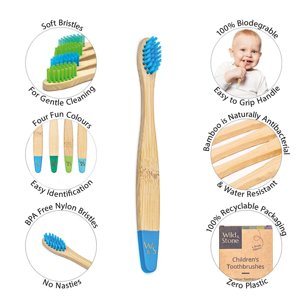 Children's Bamboo Toothbrush (4 Pack, Aqua Colour)